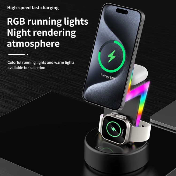 For Apple Series 3 In 1 RGB Light Magsafe Magnetic Mobile Phone Holder Wireless Charger(White) For Apple Series 3 In 1 RGB Light Magsafe Magnetic Mobile Phone Holder Wireless Charger(White)