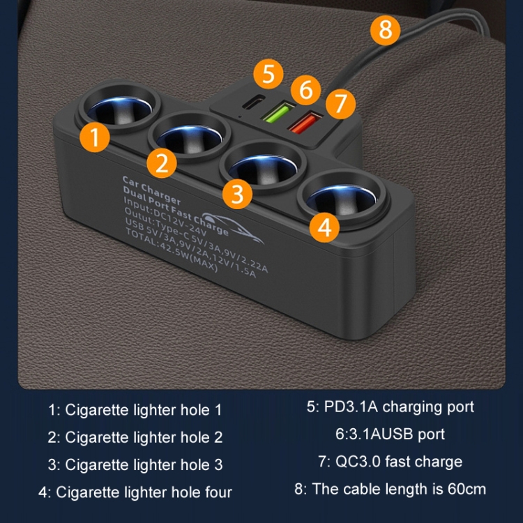 1 to 4 Q3.0 Car Cigarette Lighter Fast Charging 120W Car Conversion Plug(BY-1369) 1 to 4 Q3.0 Car Cigarette Lighter Fast Charging 120W Car Conversion Plug(BY-1369)