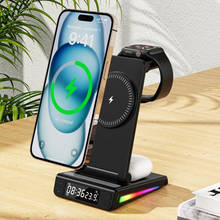 5-in-1 Desktop Magnetic Wireless Charger with Clock and Temperature Display for Smartphones / Watches / Earphones(White)