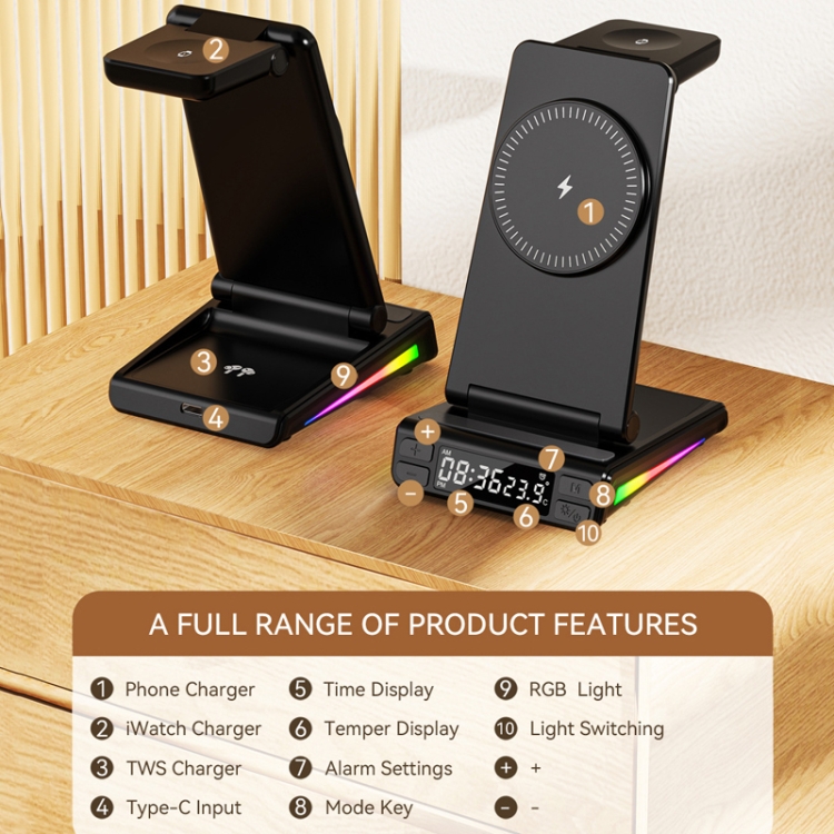 5-in-1 Desktop Magnetic Wireless Charger with Clock and Temperature Display for Smartphones / Watches / Earphones(White)
