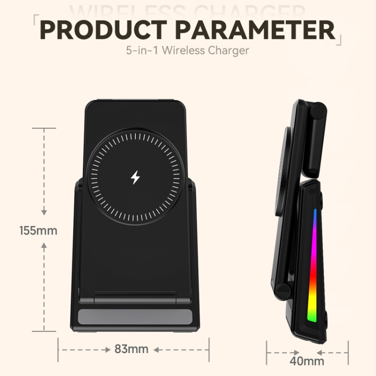 5-in-1 Desktop Magnetic Wireless Charger with Clock and Temperature Display for Smartphones / Watches / Earphones(White)