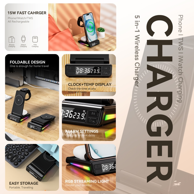 5-in-1 Desktop Magnetic Wireless Charger with Clock and Temperature Display for Smartphones / Watches / Earphones(White)
