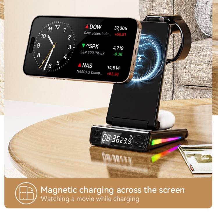 5-in-1 Desktop Magnetic Wireless Charger with Clock and Temperature Display for Smartphones / Watches / Earphones(White)
