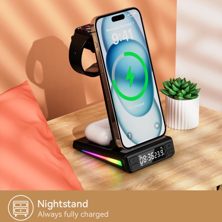 5-in-1 Desktop Magnetic Wireless Charger with Clock and Temperature Display for Smartphones / Watches / Earphones(White)