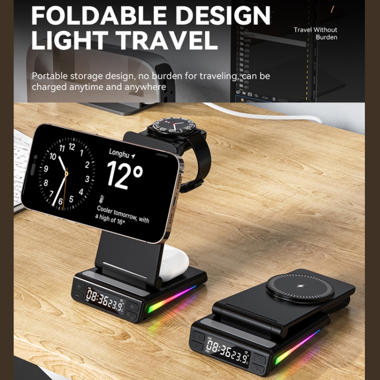 5-in-1 Desktop Magnetic Wireless Charger with Clock and Temperature Display for Smartphones / Watches / Earphones(White)