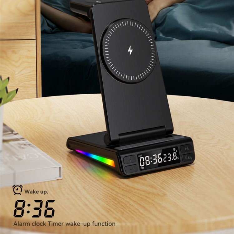 5-in-1 Desktop Magnetic Wireless Charger with Clock and Temperature Display for Smartphones / Watches / Earphones(White)