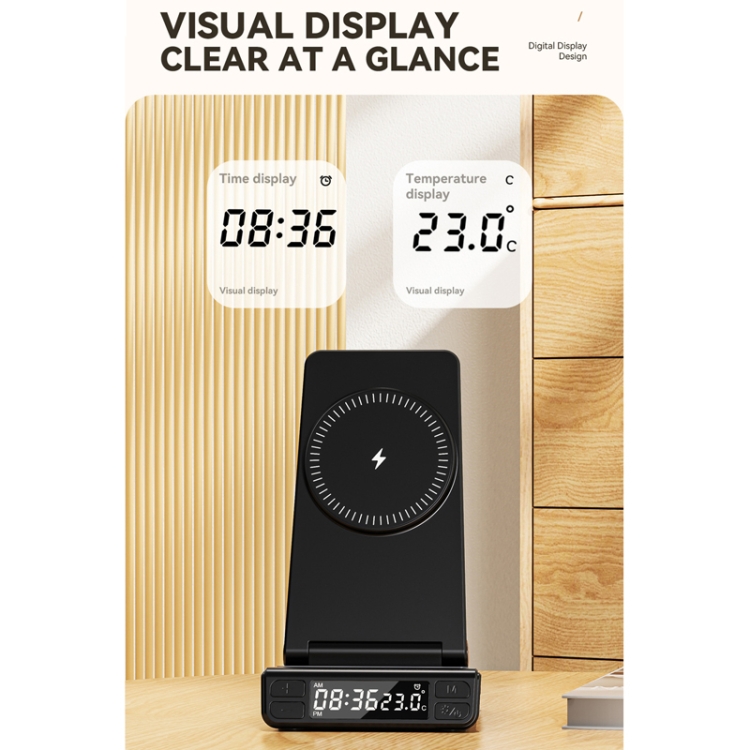 5-in-1 Desktop Magnetic Wireless Charger with Clock and Temperature Display for Smartphones / Watches / Earphones(White)
