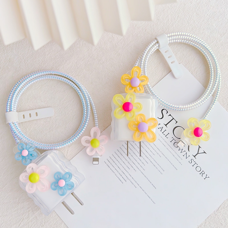 For Apple 18W/20W Flower Shape Charger Protective Case Data Cable Biter(Pink And Blue)