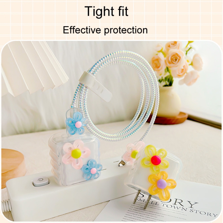For Apple 18W/20W Flower Shape Charger Protective Case Data Cable Biter(Pink And Blue)