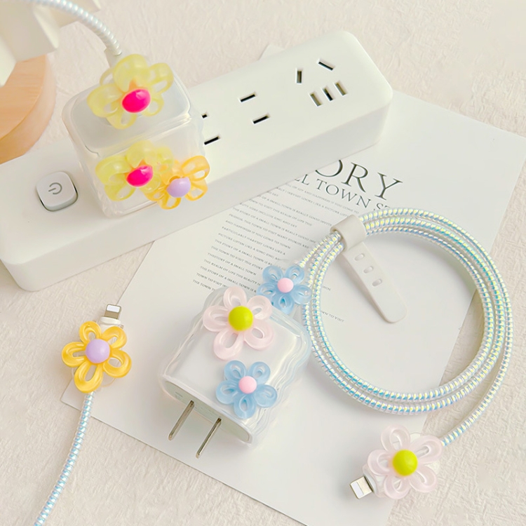 For Apple 18W/20W Flower Shape Charger Protective Case Data Cable Biter(Pink And Blue)