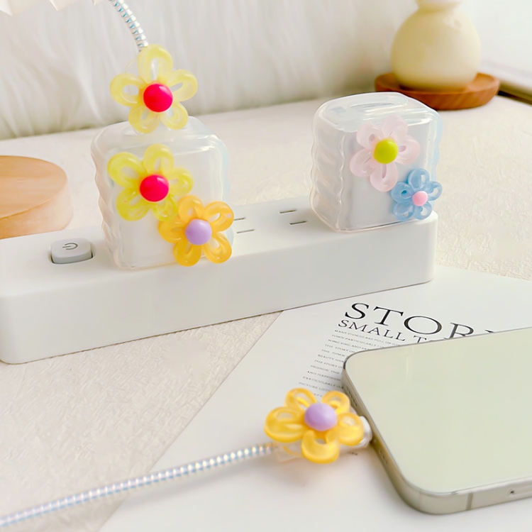 For Apple 18W/20W Flower Shape Charger Protective Case Data Cable Biter(Pink And Blue)
