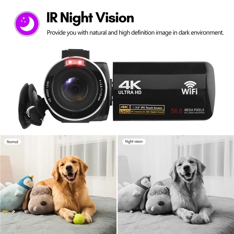 4K Digital Video Camera 3 Inch IPS Touch Screen 56MP 18X Digital Zoom ...