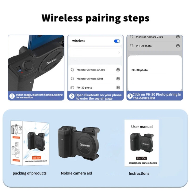 Desiontal PH-30A Mobile Phone Portable Bluetooth Remote Control Live Photo Anti-Shake Camera Aid(Black) Desiontal PH-30A Mobile Phone Portable Bluetooth Remote Control Live Photo Anti-Shake Camera Aid(Black)