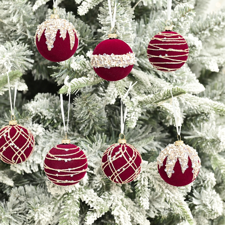 12pcs /Box 6cm Diamond Flocked Christmas Balls Painted Christmas Tree Ornaments(Dark Green)