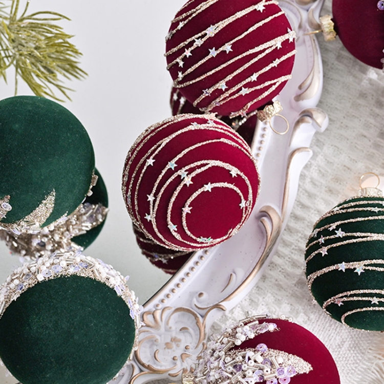 12pcs /Box 6cm Diamond Flocked Christmas Balls Painted Christmas Tree Ornaments(Dark Green)