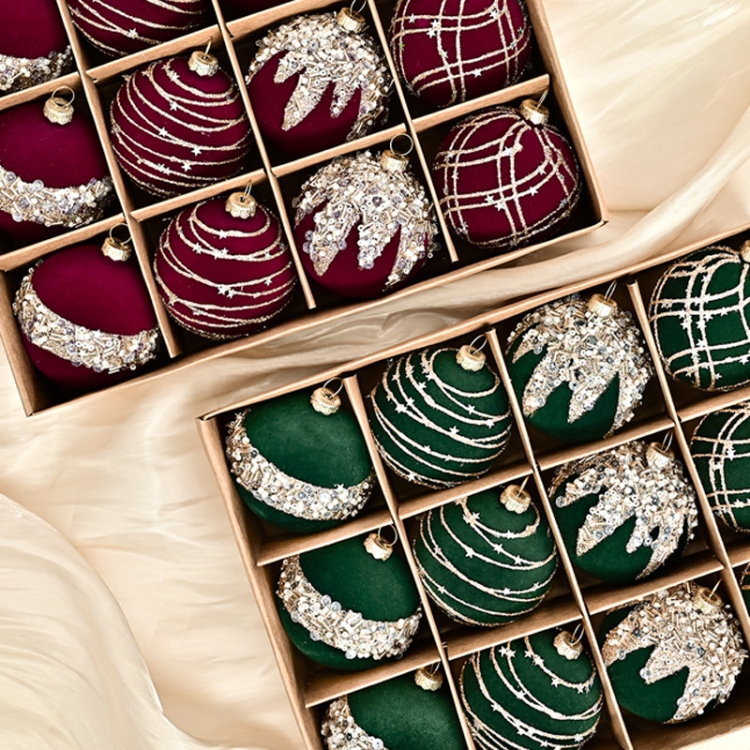 12pcs /Box 6cm Diamond Flocked Christmas Balls Painted Christmas Tree Ornaments(Dark Green)