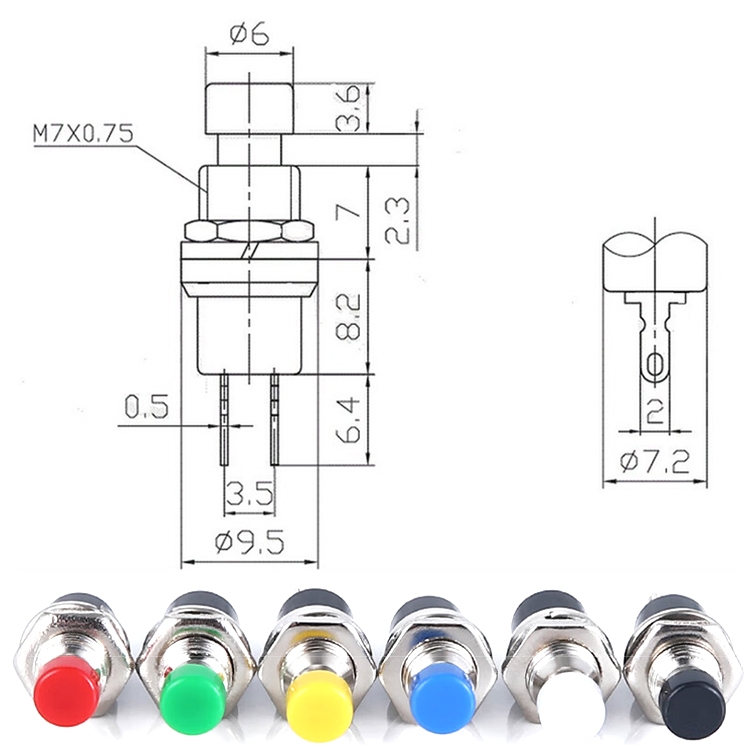 10 PCS 7mm filetage multicolore 2 broches interrupteur à bouton-poussoir  momentané (rouge)
