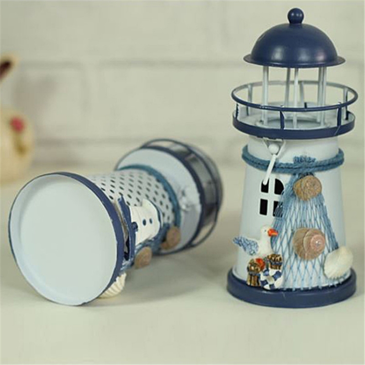 Mediterranean Style Round Hole tin Lighthouse Candlestick Home Desktop  Decoration Wrought Iron Candlestick(Tower)
