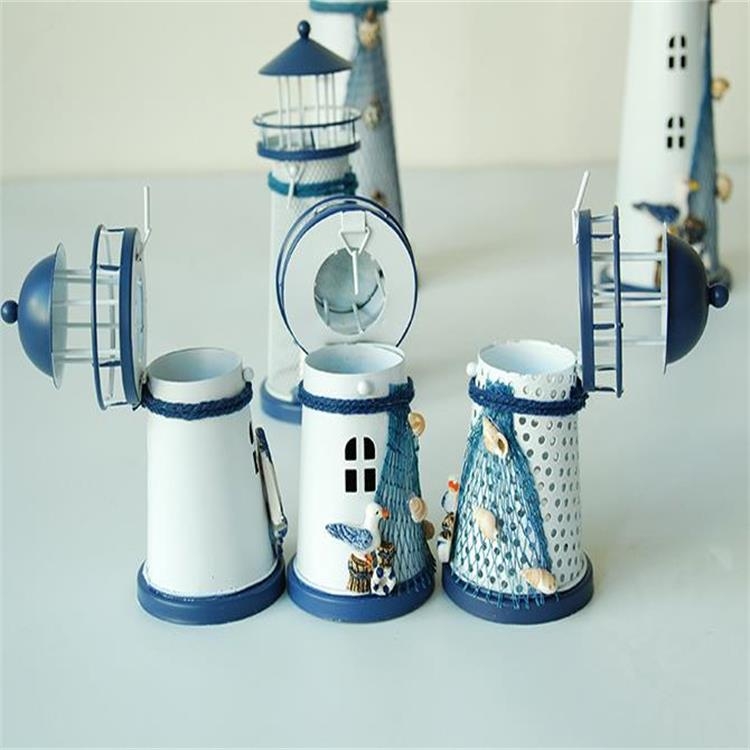 Mediterranean Style Round Hole tin Lighthouse Candlestick Home Desktop  Decoration Wrought Iron Candlestick(Tower)
