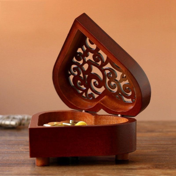 Heart Shape Wood Carved Mechanism Wind Up Musical Box Gift Vintage Music Box