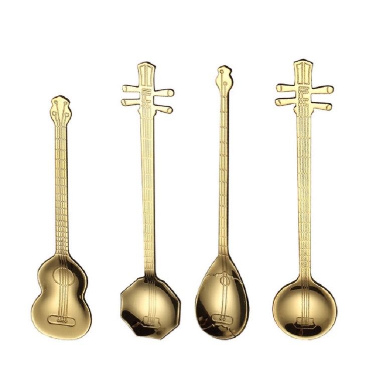 Stainless Steel Coffee Mixing Spoon Creative Musical Instrument Shape Spoon,  Style:Lute, Color:Titanium Gold