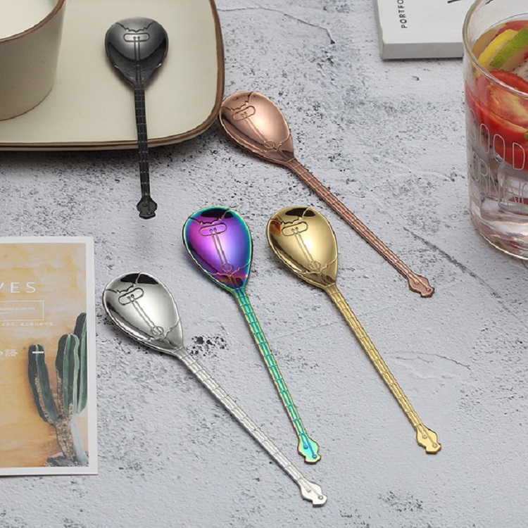 Stainless Steel Coffee Mixing Spoon Creative Musical Instrument Shape Spoon,  Style:Lute, Color:Titanium Gold