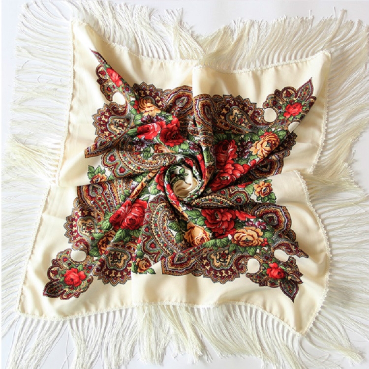 Yellow Ethnic Style Retro Tassel Square Scarf Flower Pattern Headscarf Scarf,  Size:90 x 90cm