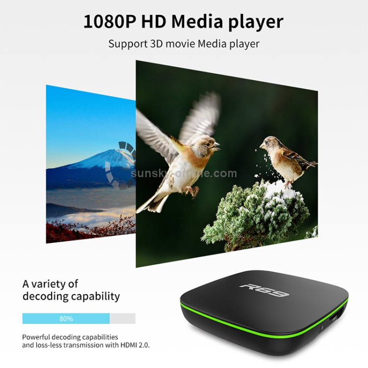 R69 1080P HD Smart TV BOX Android 4.4 Media Player con control remoto, Quad Core Allwinner H3, RAM: 1GB, ROM: 8GB, 2.4G WiFi, LAN, enchufe de EE. UU. - B6