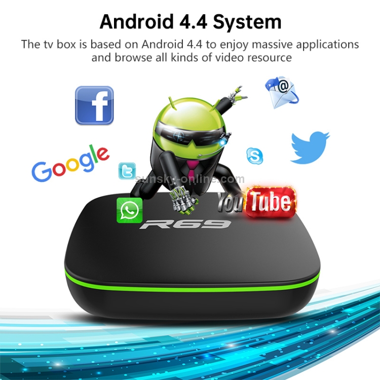 R69 1080P HD Smart TV BOX Android 4.4 Media Player con control remoto, Quad Core Allwinner H3, RAM: 1GB, ROM: 8GB, 2.4G WiFi, LAN, enchufe de EE. UU. - B8