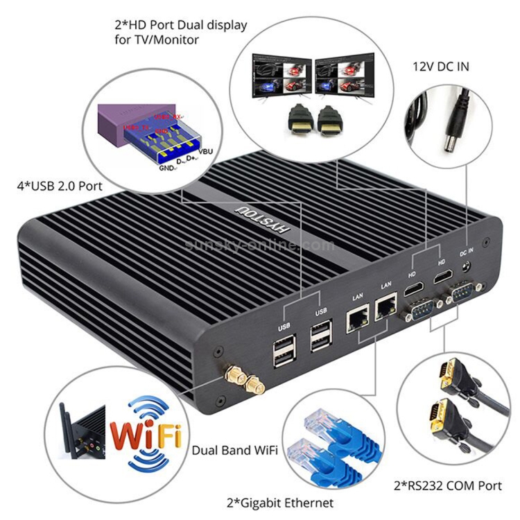 HYSTOU P05B-I7-5500U-2C Mini PC sin ventilador Intel Core i7 5500u Procesador de cuatro núcleos hasta 2,4 GHz, RAM: 4G, ROM: 128G, compatible con Win 7/8/10 / Linux (negro) - 3
