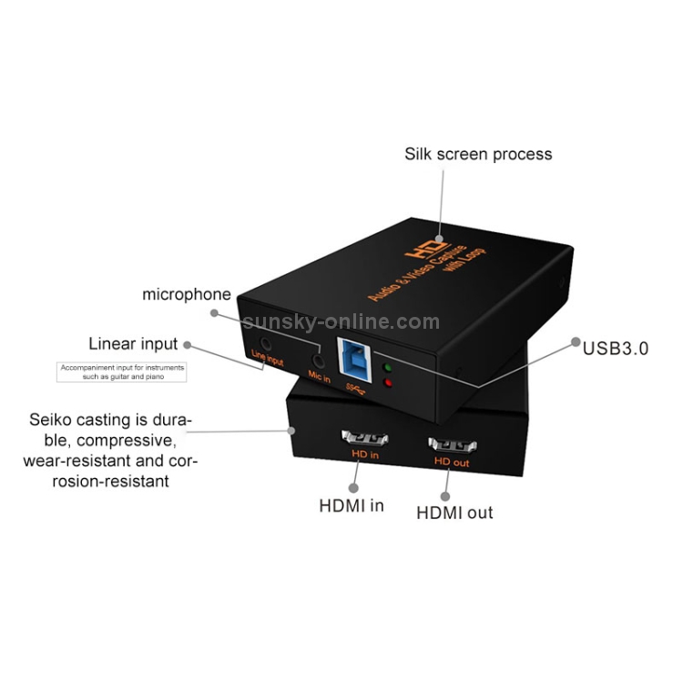 Z28 Professional HDMI Female + Mic + Line In a HDMI Female USB 3.0 Video Audio Capture Box (Negro) - 3