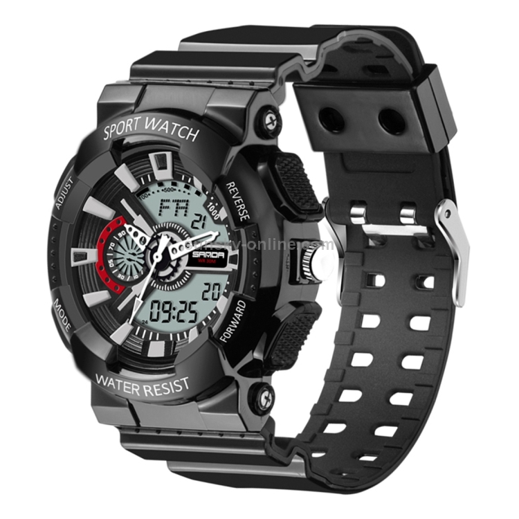 SANDA 5301 Luminous Step Alarm Subdials 24 Hours Date Week Month Display Function Men Quartz Digital Dual Movement Watch with PU Plastic Band Black