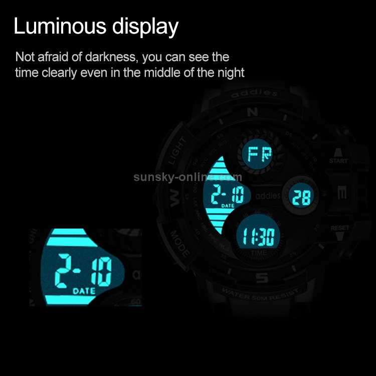 addies MY-1901 Orologio elettronico multifunzione da uomo per sport  all'aria aperta con LED a tre finestre luminoso, supporto calendario /  sveglia / timer / conversazione (bianco)