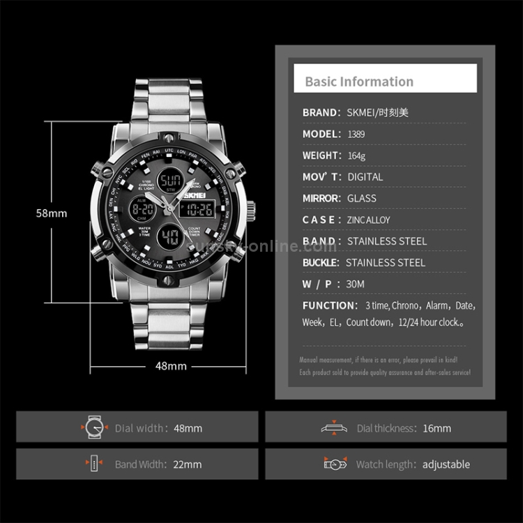 SKMEI 1389 Multifunctional Men Business Digital Watch 30m Waterproof Large Dial Wrist Watch with Stainless Steel Watchband (Black) - 4