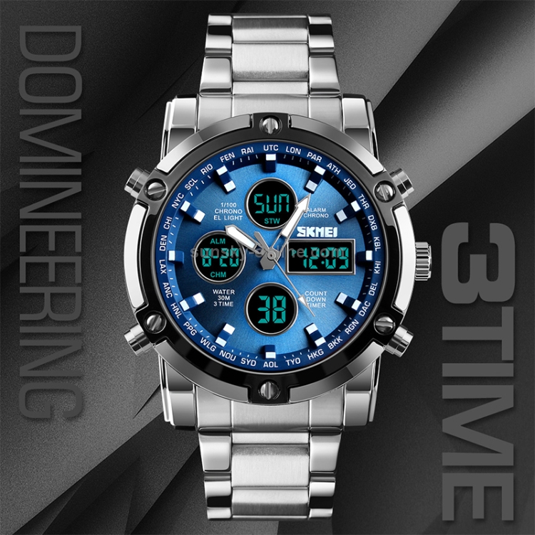 SKMEI 1389 Multifunctional Men Business Digital Watch 30m Waterproof Large Dial Wrist Watch with Stainless Steel Watchband (Black) - 6