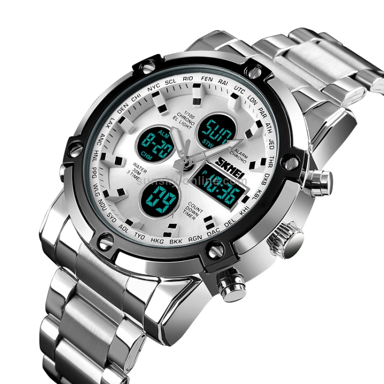 SKMEI 1389多機能メンズビジネスデジタルウォッチ30m防水ラージダイヤル腕時計、ステンレススチールウォッチバンド（シルバー）