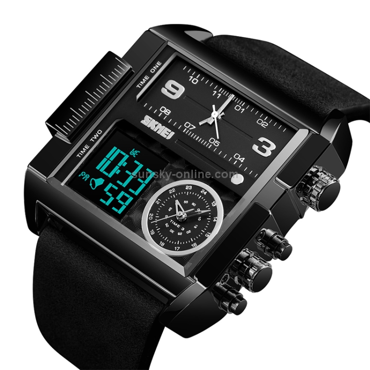 SKMEI 1391多機能メンズビジネスデジタルウォッチ30m防水スクエアダイヤル腕時計、レザーウォッチバンド（ブラック）