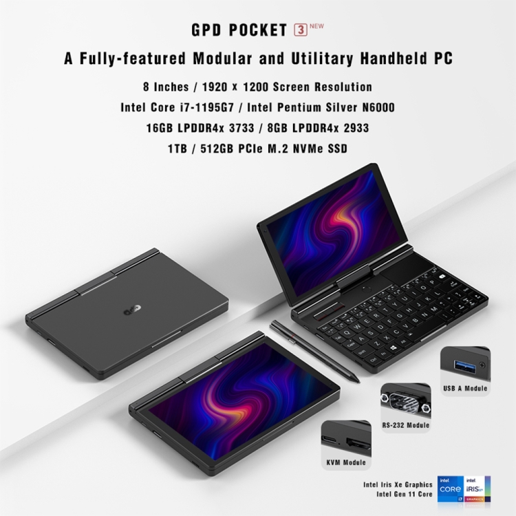 GPD Pocket 3 Mini Laptop, 8.0 inch, 16GB+1TB, Windows 10 Home Intel Core i7-1195G7 Quad Core up to 5.0Ghz, Support Wi-Fi 6 & Bluetooth & HDMI, US Plug(Black) - B1