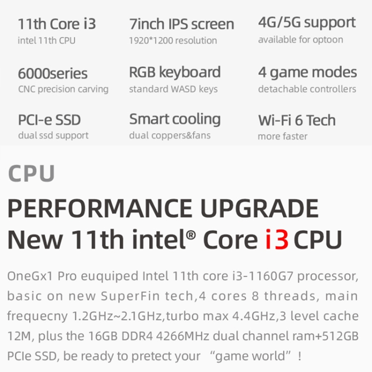 كمبيوتر محمول One Netbook A1 Pro Mini Intel Core i7-1160G7 سعة 16 جيجا بايت  512 جيجا بايت أسود