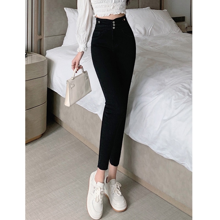Spring Summer High Waist Slim Skinny Jeans (Color:Black Size:25)