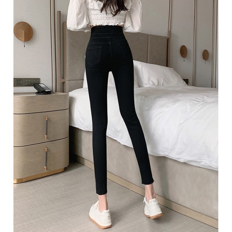 Elastic Waist Ladies Jeans High-Waisted Ripped Slim Trousers Lace