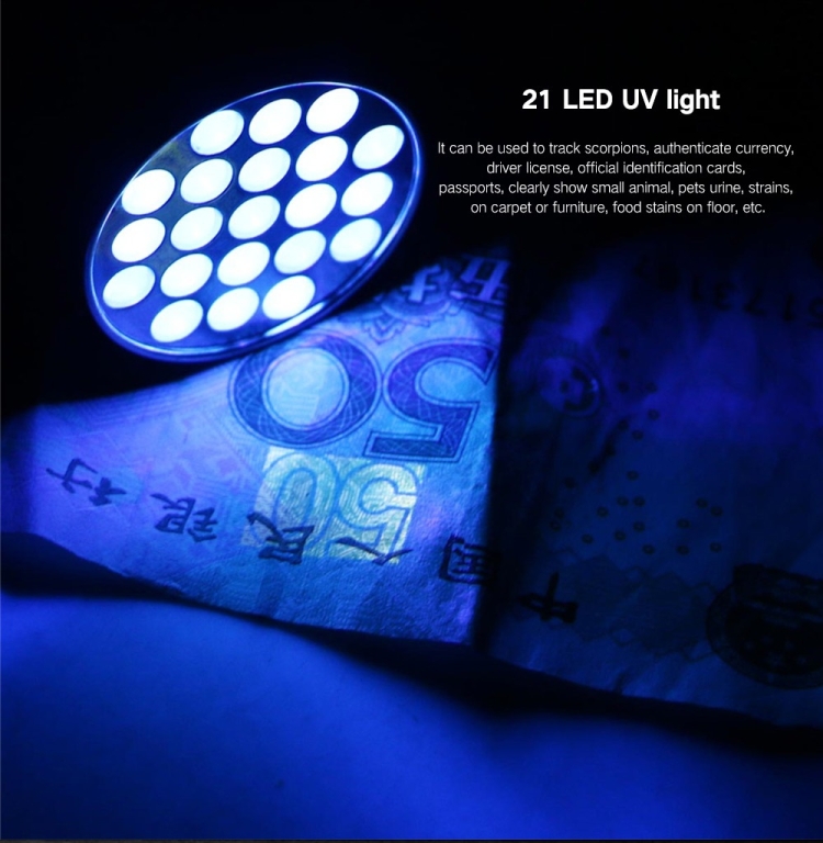 LE Lampe UV, 21 LEDs Ultra-Violet Lampe Torche, 395nm Lampe Ultraviolette  pour Traceurs Fluorescents Urine Chien Chat Tapis Vérifie l'argent, 3 Piles