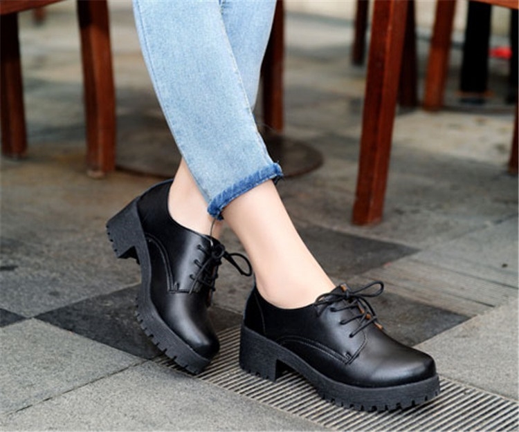 Women Stylish Sneakers Lace Up Casual Leather Platform Wedge Heel Shoes College 