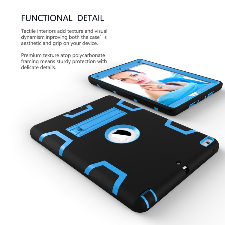 Contrast Color Silicone + PC Shockproof Case for iPad 9.7 inch (2018/2017), with Holder (Blue) Contrast Color Silicone + PC Shockproof Case for iPad 9.7 inch (2018/2017), with Holder (Blue)