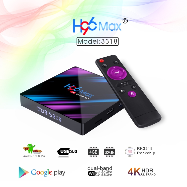 H96 Max-3318 4K Ultra HD Android TV Box con control remoto, Android 9.0, RK3318 Quad-Core 64bit Cortex-A53, WiFi 2.4G / 5G, Bluetooth 4.0, 4GB + 32GB - 10