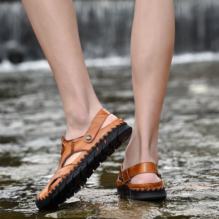 SUNSKY - Sandalias de zapatos de playa de cuero casual al aire libre cosidas  a mano para hombres (Color: Amarillo Marrón Tamaño: 43)