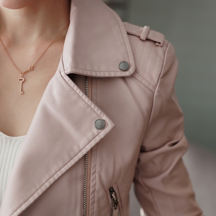 Chaqueta de solapa de párrafo corto de cuero para mujer (Color: Rosa Talla:  L)