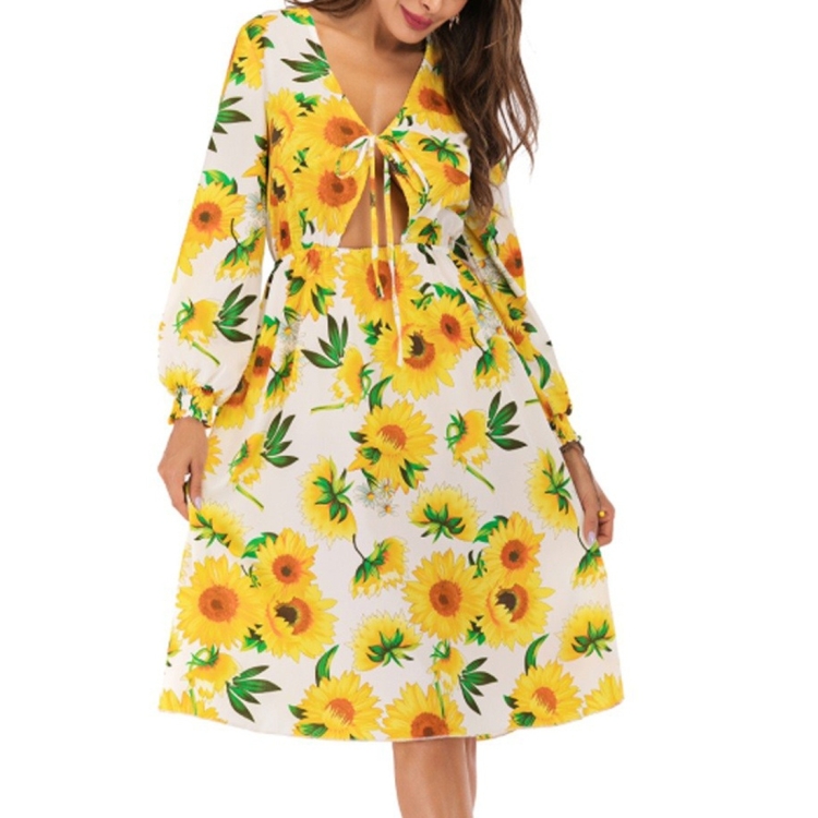 Sexy V neck Lace up Belly Long Sleeve Sun Flower Dress Color Yellow Size M