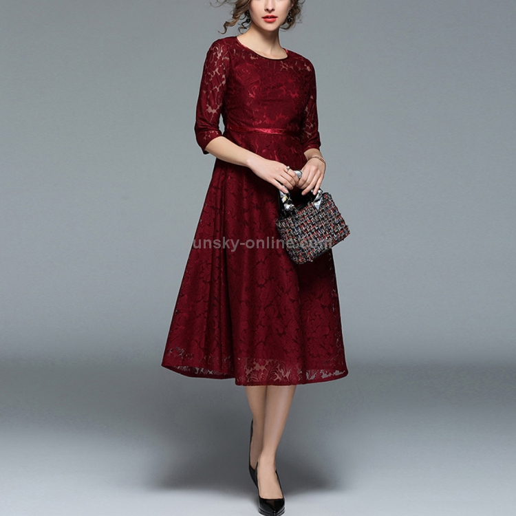 Vestido amplio de encaje delgado (Color: Rojo vino Talla: S)