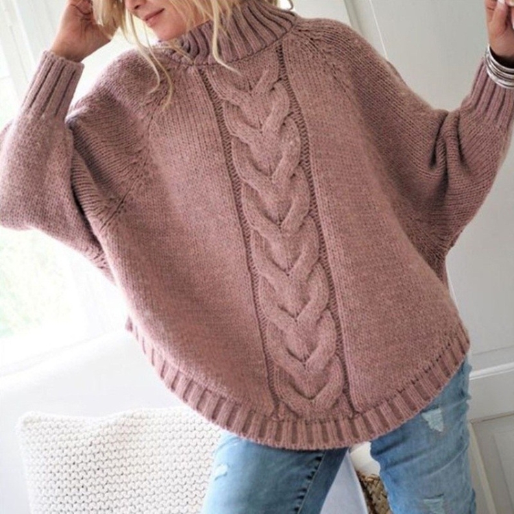 Suéter suelto de punto cuello alto y manga murciélago para mujer (Color: Rosa Talla: L)